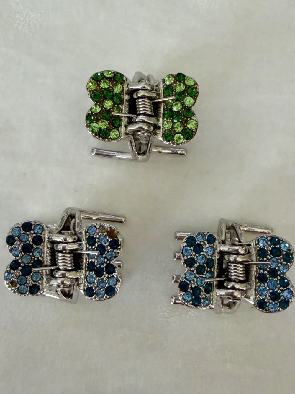 Eve Reid Crystal Mini Hair Clips Set of 3 – Rhinestone Butterfly Clips Blue Gree